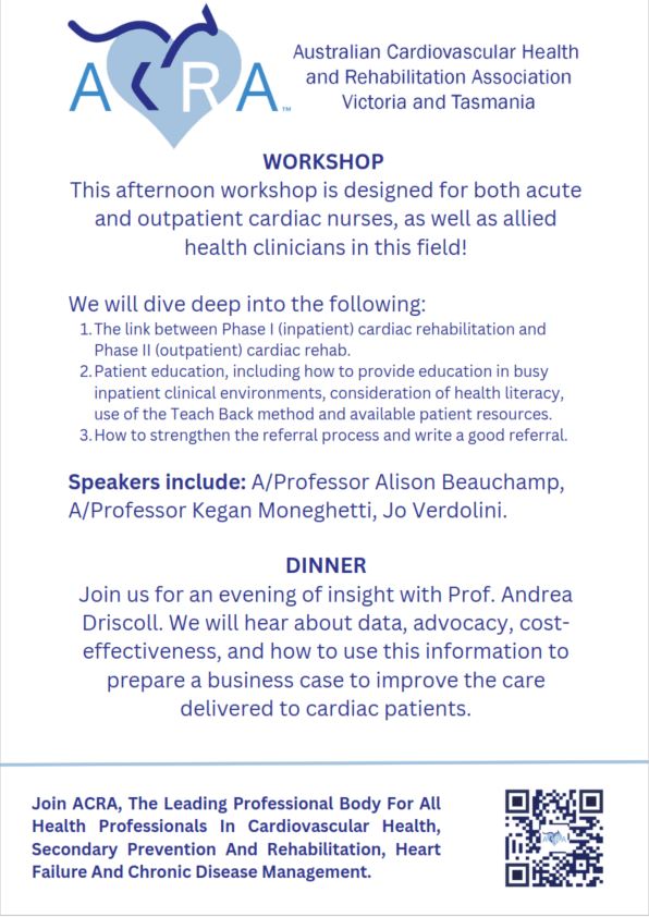 Dr Susie Cartledge (@susiecartledge) on Twitter photo .<a href="/ACRA_ACRA/">ACRA</a> Vic/Tas have an exciting event coming up!
We have a🆕format of a:
- workshop (to learn all the things)
- followed by dinner (to keep learning but also mingle & eat!)
This event is for anyone working with #cardiac patients. 
Details and rego: events.humanitix.com/from-hospital-… .<a href="/ACRA_ACRA/">ACRA</a> Vic/Tas have an exciting event coming up!
We have a🆕format of a:
- workshop (to learn all the things)
- followed by dinner (to keep learning but also mingle & eat!)
This event is for anyone working with #cardiac patients. 
Details and rego: events.humanitix.com/from-hospital-…