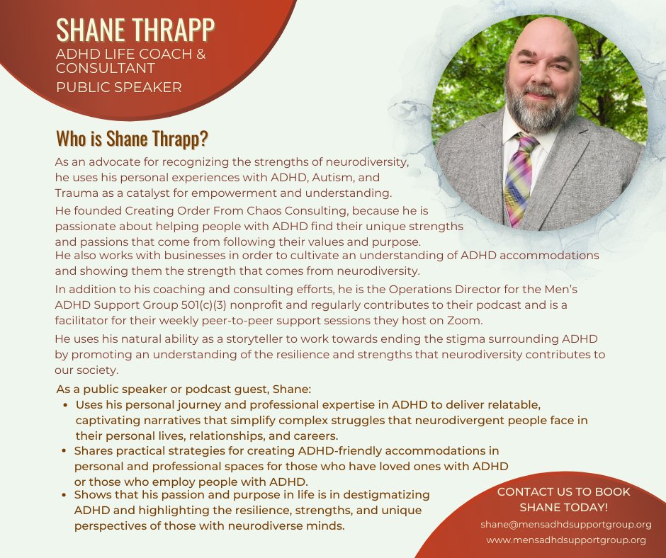 🚀 Looking for an #ADHD expert speaker? @Order_From_Ka0s is your go-to! With expertise in life, relationships, careers & entrepreneurship for those with ADHD, he brings invaluable insights to your event. Book him now! 🌟 mensadhdsupportgroup.org/shane-thrapp #neurodivergence #publicspeaking