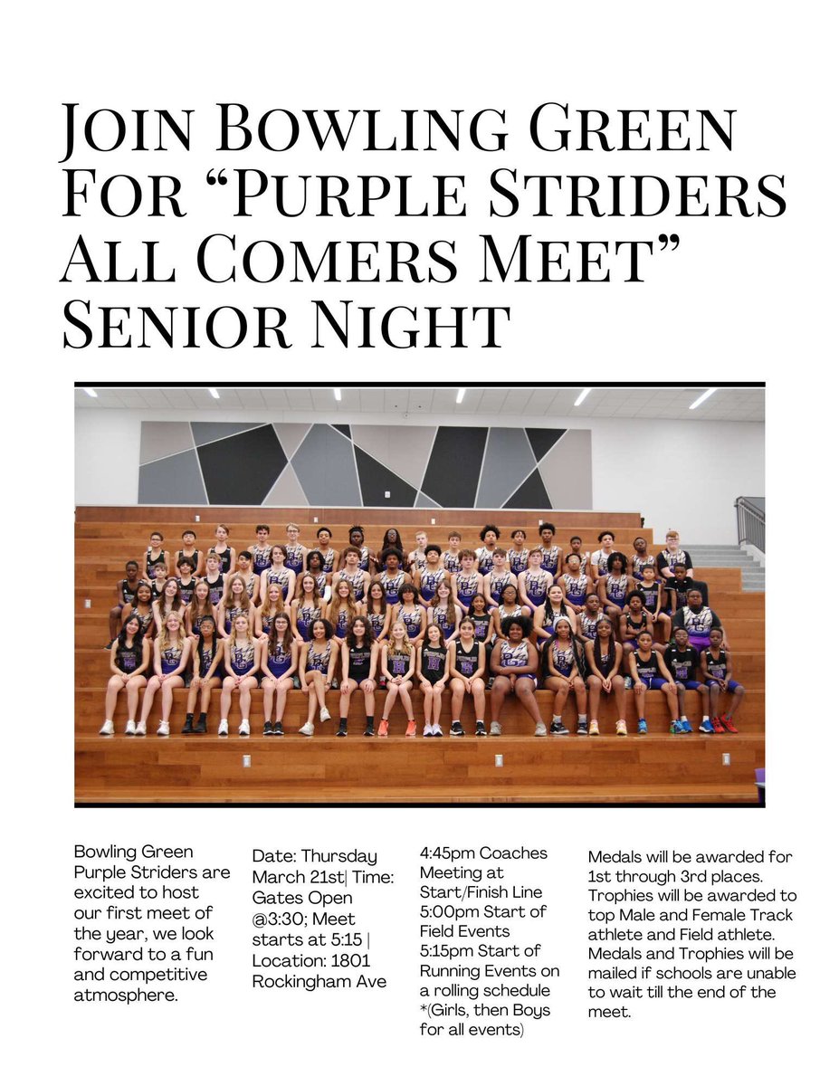 **ATTENTION EVERYONE IN THE BOWLING GREEN AREA** Your Very Own Purples Will Be Hosting Our Second Annual Purples All-Comers Meet, Which Will Also Include Recognition For Our Seniors, On Thursday March 21st And We Need Everyone To Come Out And Support !!!

Information Below 👇🏾