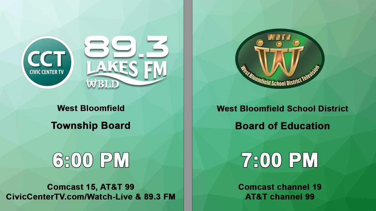 The West Bloomfield School District Board of Education meeting will air on WBTV: Comcast channel 19 and AT&T channel 99. We will provide an on-demand copy on our website as soon as possible following adjournment. We appreciate your patience!