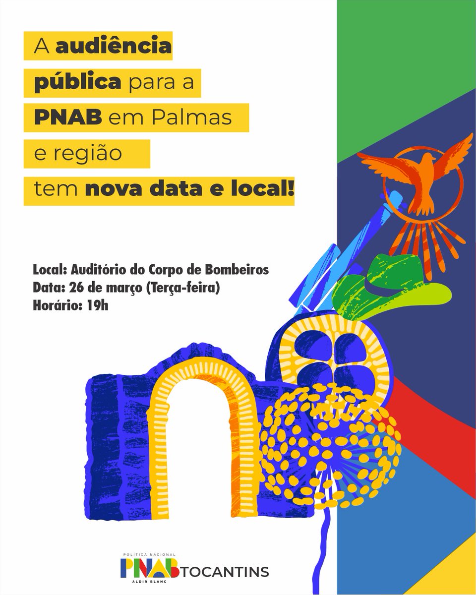 📢 Atenção! A audiência pública para a  Política Nacional Aldir Blanc (PNAB) em Palmas e região tem nova data e local!

👉  Dia 26 de março, às 19h, no auditório do Corpo de Bombeiros Militar.