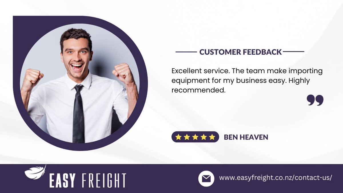 EasyFreightNZ's tweet photo. "Excellent service. The team make importing equipment for my business easy. Highly recommended." – Ben Heaven

#NZCustoms #NZBusiness #NZEntrepreneur #NZSmallBusiness #BusinessTips #NZFreight #NZLogistics #NZImporter #NZExporter #Freight #Logistics #Business #Entrepreneur https://t.co/CeDvbYZR5Y