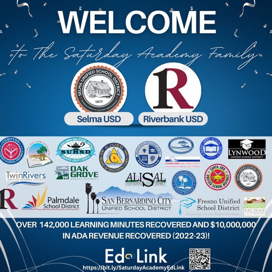 Big welcome to @SelmaUSD and @RiverbankUSD joining the Saturday Academy family!🎉 Together, we're set to make weekends more enlightening and engaging for our students while recovering #ADA. Interested in joining? Visit bit.ly/SaturdayAcadem…
