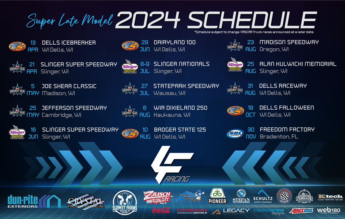 🏁🏁 2024 RACE SCHEDULE 🏁🏁 Here is our “tentative” 2024 schedule for our #4 @DunRiteExterior super late model season. We hope to see you all at the track soon!! We will be posting our first couple of Truck races soon! Stay tuned.