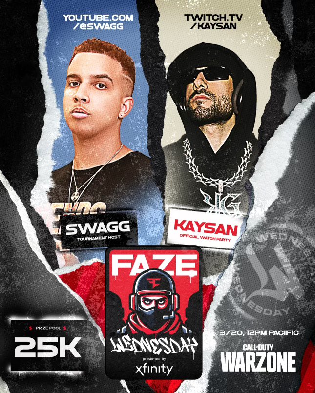 Swagg's tweet image. Bringing back FaZe Fridays... on a Wednesday 🤯 $25k Warzone 2v2 Showdown presented by @Xfinity on March 20th, who needs an invite? 

#XfinityPartner