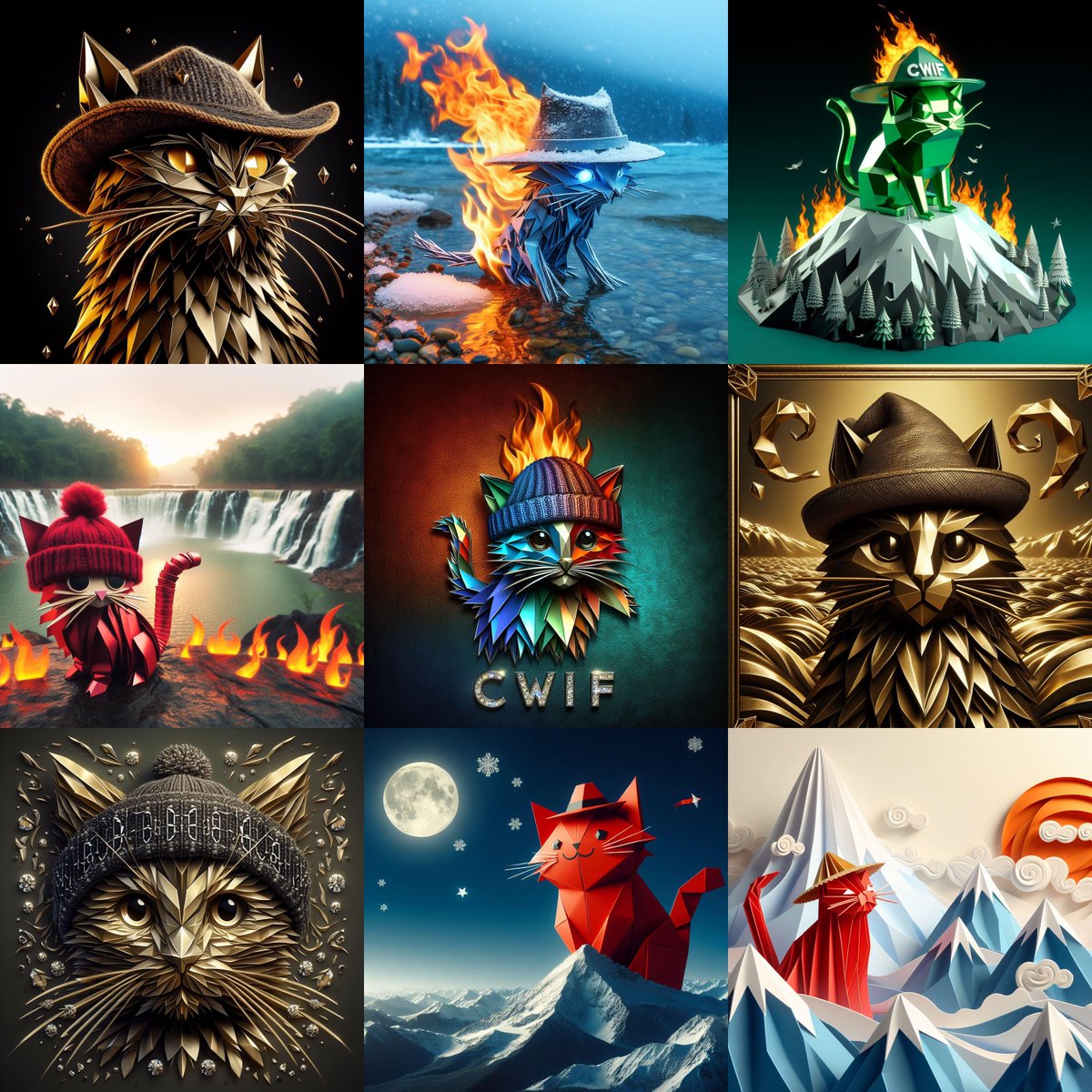 9 Origami Catwifhat #NFTs raffle ⚡️ Floor Price: currently 1.6 $SOL ea (14+ $SOL total)

🎟️ For entry:
1. Like + RT
2. Must be a $CWIF holder. Reply proof that you own 25 million+ $CWIF, and tag 3 friends for the giveaway
3. Must follow <a href="/catwifhatsolana/">Catwifhat $CWIF</a> 

Runs 48 hours 🍀