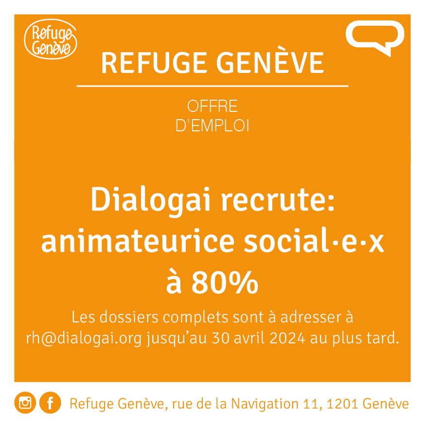 ✨ Rejoignez l'équipe de Dialogai ! 🌈 Dialogai est à la recherche d'un·e·x animateurice social·e·x à 80% pour le Refuge Genève. 👉 Infos : dialogai.org/offre-emploi/2… 🚀 Envoyez votre dossier à rh@dialogai.org avant le 30 avril 2024. Date de début à convenir.