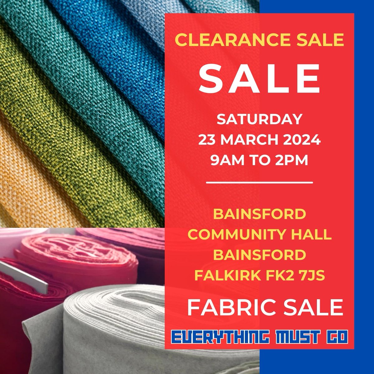 FalkirkSewing's tweet photo. SALE of FABRIC 
on Saturday 23 March 2024 from 9 am to 2 pm at Bainsford Community Hall, Bainsford, Falkirk FK2 7JS
PLEASE SHARE WITH YOUR NETWORKS
#Falkirk #Sale #Fabrics #bainsford https://t.co/2KzHP5QC2i