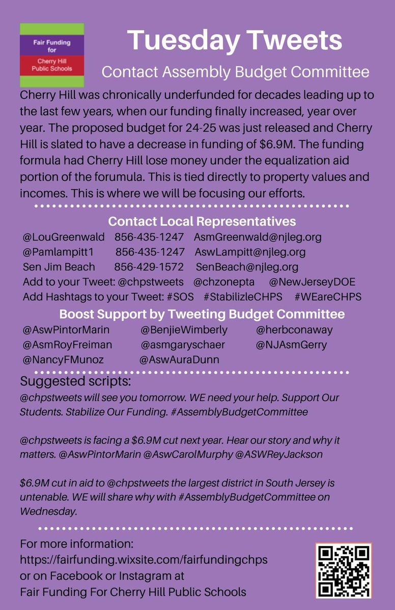 CHZonePTA's tweet photo. Tomorrow is Tuesday Tweets. Please take a minute to tweet @ our state representatives. 

Support our students. Stabilize our funding. WE are Cherry Hill.

Please add @Fairfundingchps and  @ChpsTweets to all tweets as well as the hashtags #SOS #StabilizeCHPS #WEareCHPS

@CHEA_LP https://t.co/UJTpVyj9oe