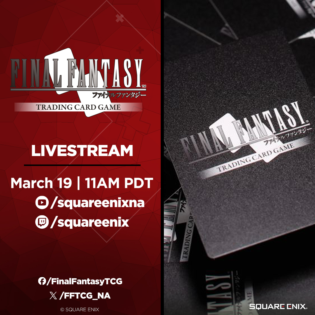 SquareEnix's tweet photo. Join us at 11AM PT | 6PM GMT tomorrow for an exciting @FFTCG_NA live stream where we will discuss upcoming news for the #FinalFantasyTCG and open some card packs!

See you soon➡️ https://t.co/nZT3D0MG5i https://t.co/iTIGGPTYKn