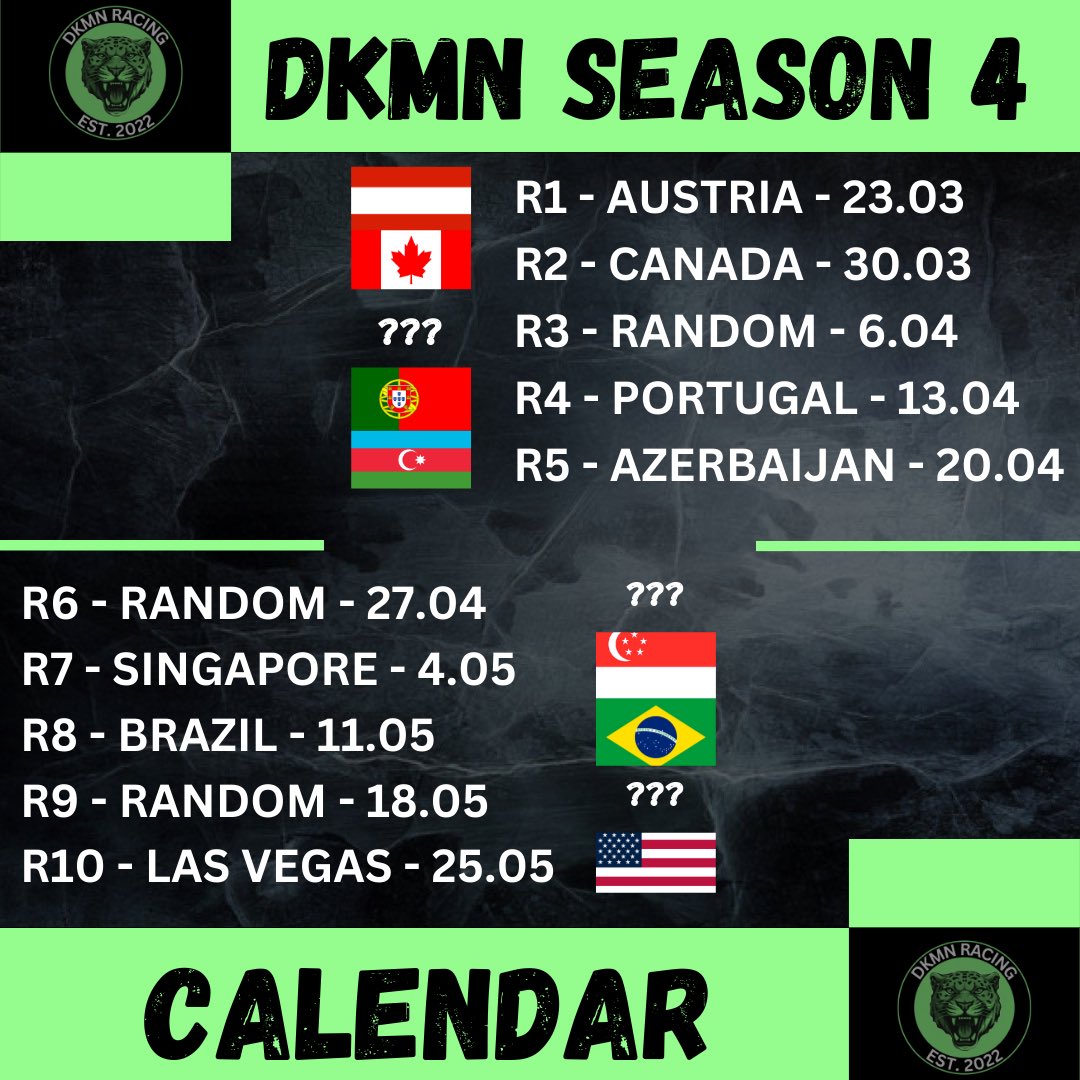 Here is the new calendar for DKMN S4 but with a twist!

3 mystery tracks.

These tracks will be given on the day of the race giving an unpredictable race for viewers and drivers alike! We can’t wait to see what unfolds at Race 1.

We will see you there this Saturday!