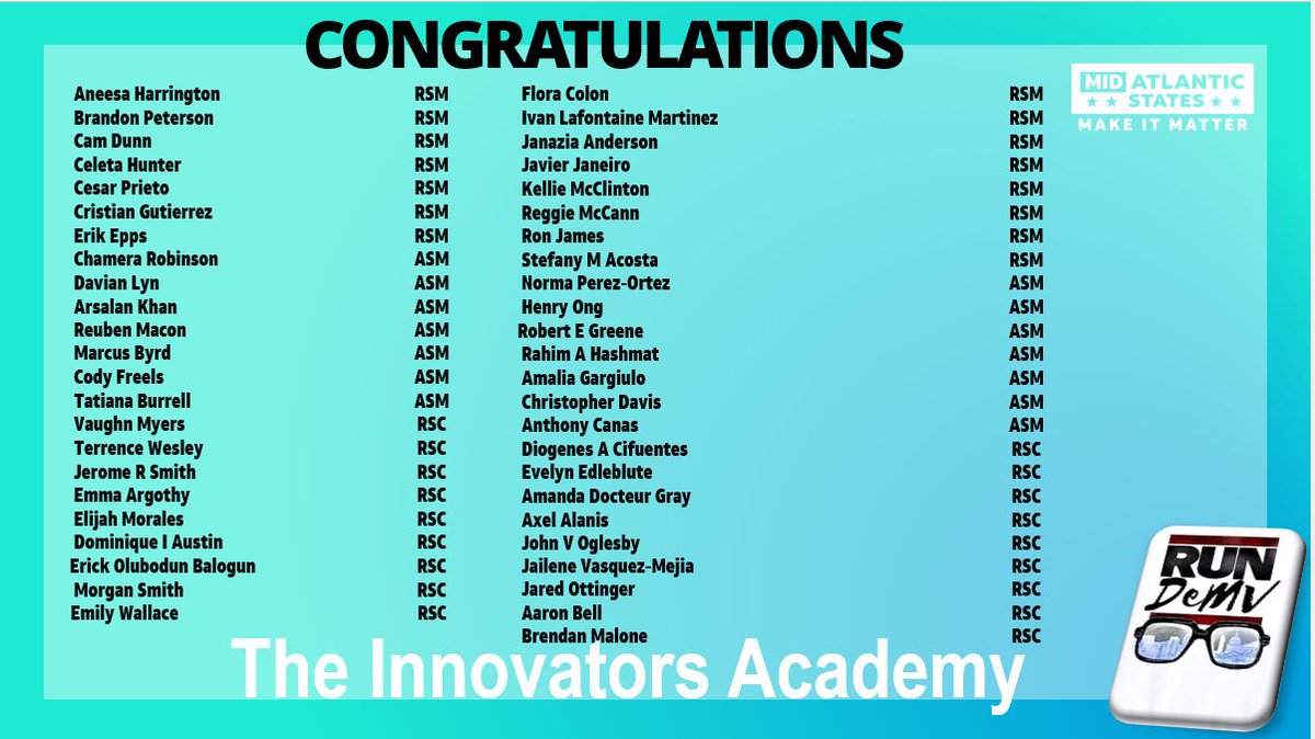 Leaders please join us in congratulating the following individuals who were accepted into RUN DeMV’s very first development program - The Innovators Academy! The journey starts NOW! @Justin_Grant__ @SusanaH414 @MASMakeItMatter @404girl