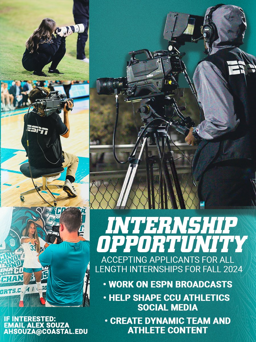 CoastalCSN's tweet photo. CSN is looking to RELOAD in the fall.

Kick off your career in sports multimedia with us!

Looking for 60/120/240/480 hour interns from all majors and disciplines.

Positions Include:

• Broadcast
• Content
• Social Media

See flyer for details! https://t.co/NXsrrWCJ8E