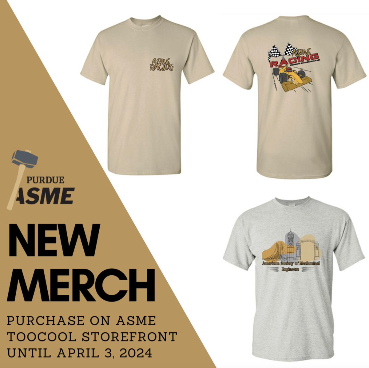 ASMEPurdue's tweet photo. ASME has merch!! Purchase our amazing merch through toocool by April 3rd. Proceeds from the ASME Racing design will go towards supporting ASME's Grand Prix team! https://t.co/o1R55b2nK9