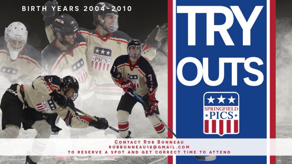 PICS Tryouts resume this week. Join the tradition! Goalie session added to Thursday. 3/19 8:30 & 8:40pm 3/20 8:40 & 9:10pm 3/21 6:40 & 8:30pm 3/21 Goalies 7:50pm @USPHL