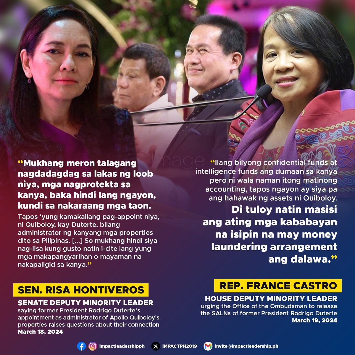 iMPACTPH2019's tweet photo. 'MUKHANG MERON TALAGANG NAGDADAGDAG SA LAKAS NG LOOB NIYA'

Senate Deputy Minority Leader Risa Hontiveros has remarked that the recent appointment of former President Rodrigo Duterte as the administrator of Apollo Quiboloy's properties raises questions about their connection. https://t.co/8vQhVAgAhs