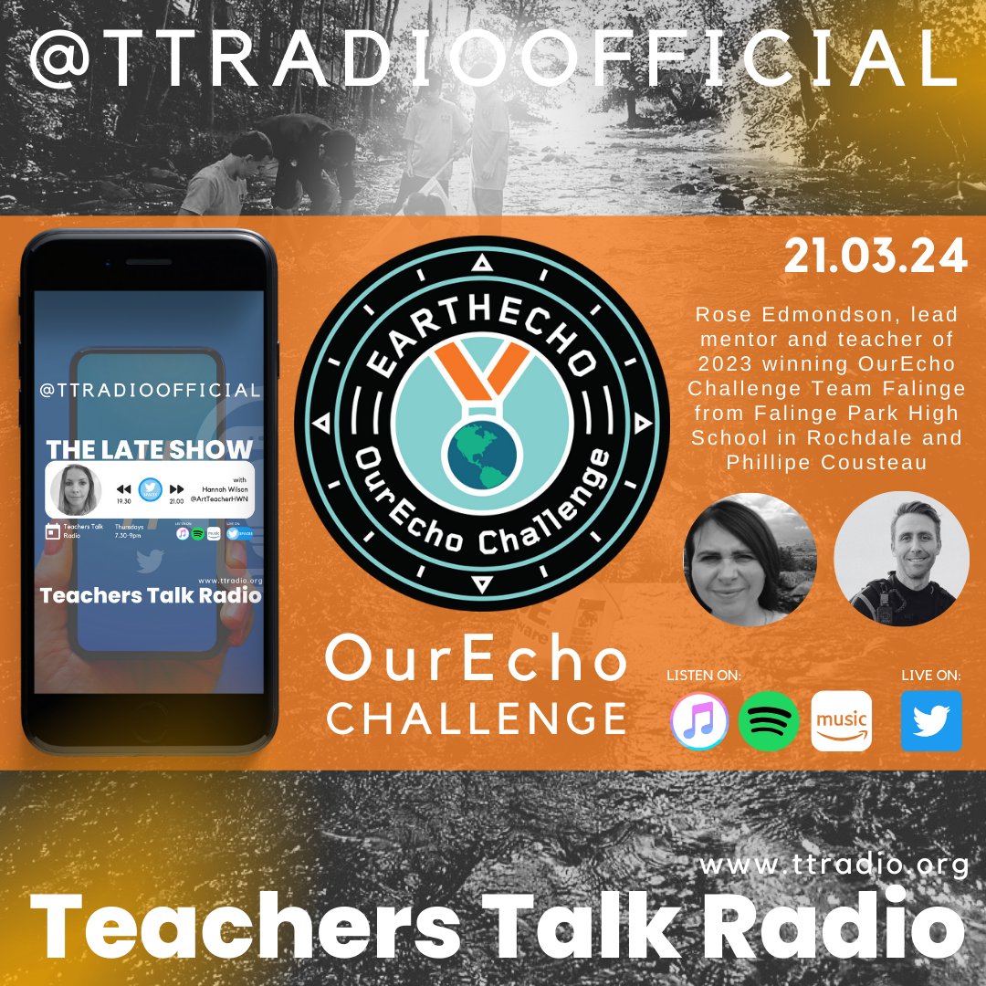 TTRadioOfficial's tweet photo. 🌍 SAVE THE DATE: This Thursday 21 MARCH, 7:30 PM GMT. 

Join @pcousteau and @Snotlady5 as they discuss how the #OurEchoChallenge has inspired pupils to take action to restore #biodiversity.

Listen/Join in LIVE with @ArtTeacherHWN  >> https://t.co/QP09tYzhYh @EarthEcho https://t.co/tkmJTL2ymW