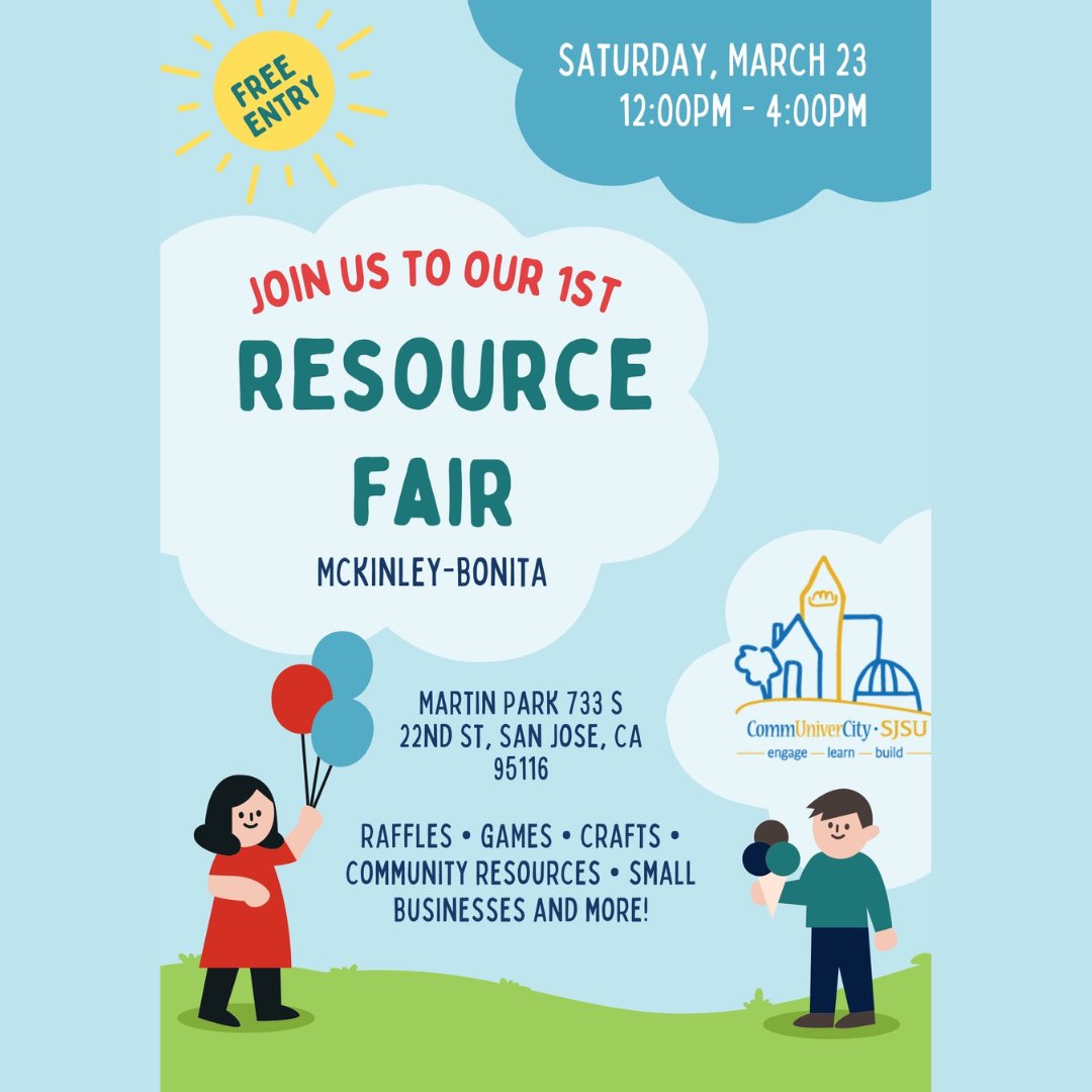 cucsjsu's tweet photo. Help spread the word! CommUniverCity Promotores will be hosting a community resource fair for residents in the city of San Jose. 
Come out and enjoy free fun activities and network with 20+ organizations that provide available resources to residents!
#sanjose  #smallbusiness https://t.co/5sLUnJ67dz