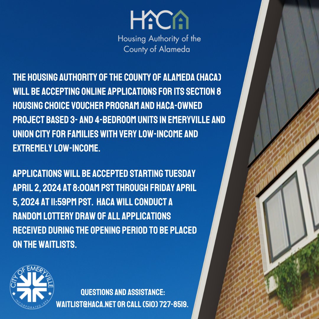 EmeryvilleCA's tweet photo. The Housing Authority of the County of Alameda will be accepting online applications for its Section 8 Housing Choice Voucher program and HACA-owned Project starting Tuesday, 4/2/24 at 8:00 AM PST through Friday, 4/5/24 at 11:59 PM PST.

More info: https://t.co/JUMgGkS5zv https://t.co/SCrNYPOAI7