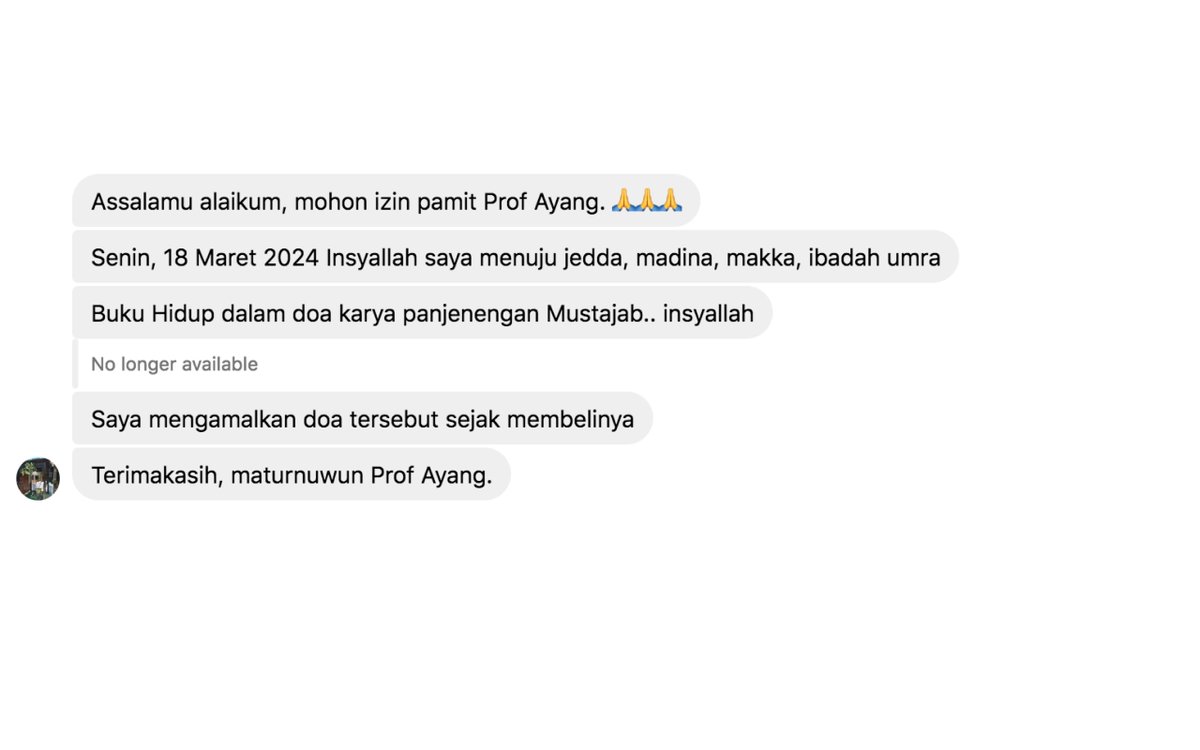 Mau umroh?

Ini satu lagi surat masuk, baru terbaca. Sangat membahagiakan membaca pengakuan seperti ini.🥰🙏

Sudah barang tentu, semuanya hanya atas izin dan kuasa Allah swt. dan usaha-kerja-keras Bapak yang mengirimkan surat-e ini ke IG kami.

Umroh maqbulah, insya Allah.🤲