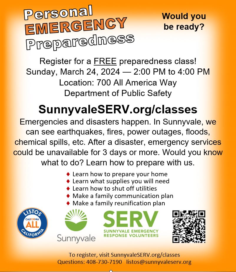 Free Personal Emergency Preparedness (PEP) class is going to be held this Sunday 3/24 from 2 p.– 4 p. PEP instructors will teach you how to prepare to be self-reliant during the first 72 hours following a major disaster. Please register and join us this Sunday!