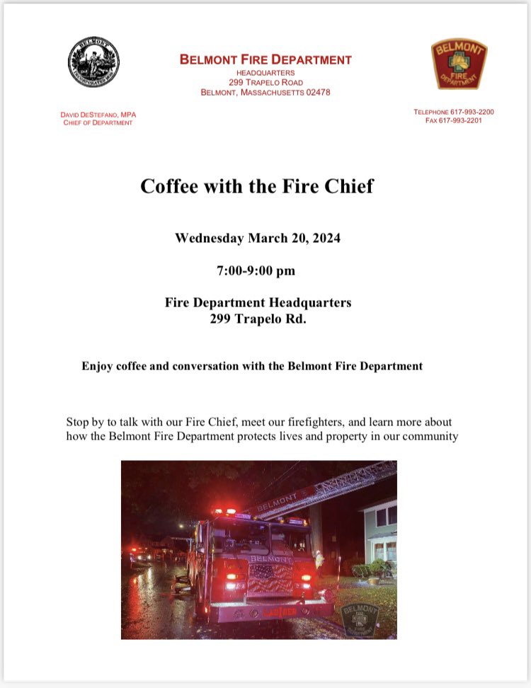 Please stop by fire headquarters Wednesday evening at 7pm. We are looking forward to some engaging conversation! @Belmont_Ma #belmontma #belmontmafire