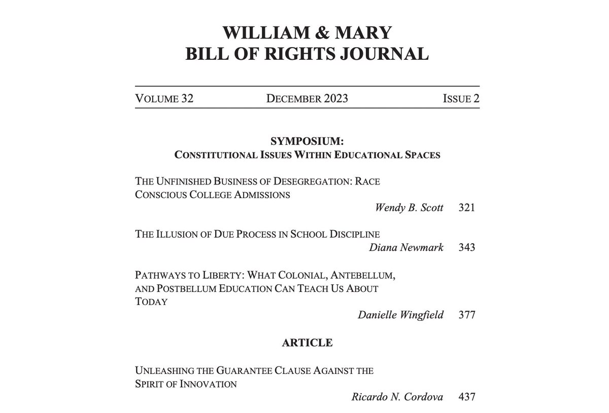Issue 2 of Volume 32 is available now! Read pieces by Wendy B. Scott, Diana Newmark, Danielle Wingfield, &amp; Ricardo N. Cordova. This issue also features student notes by Alex Michalak, Allison Ripple, Josephine McGuire, &amp; Jared Deeds. 

Read Issue 2 here: scholarship.law.wm.edu/wmborj/
