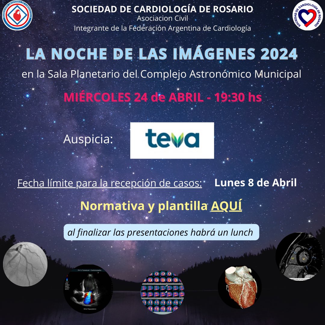 cardiorosario's tweet photo. Miércoles 24/4 : LA NOCHE DE LAS IMÁGENES 2024 ⭐️⭐️⭐️ 

📍Sala Planetario del Complejo Astronómico Municipal

🖐🏼 hasta el LUNES 8 de abril tenés tiempo para enviar tu caso !!

Normativa y Plantilla: https://t.co/eU3pmFo4H0

Auspicia: Laboratorios TEVA 

#planetario #rosario #scr https://t.co/jILkMgI1UJ