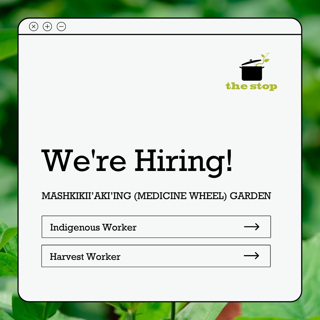 📢 The Stop is #hiring two new team members to join our Mashkikii’aki’ing (Medicine Wheel) Community Garden program: ➡️ Indigenous Worker ➡️ Harvest Worker Learn about the positions, eligibility, and how to apply: thestop.bamboohr.com/careers #Indigenous #Employment