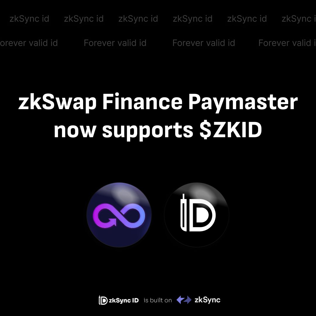 zkSwap Finance Paymaster now supports $ZKID token 

It is utilising @zksync’s native paymaster support to allow users pay gas fees in token of their choice while trading at @zkSwap_finance!

#zkSyncid #zkSyncEra