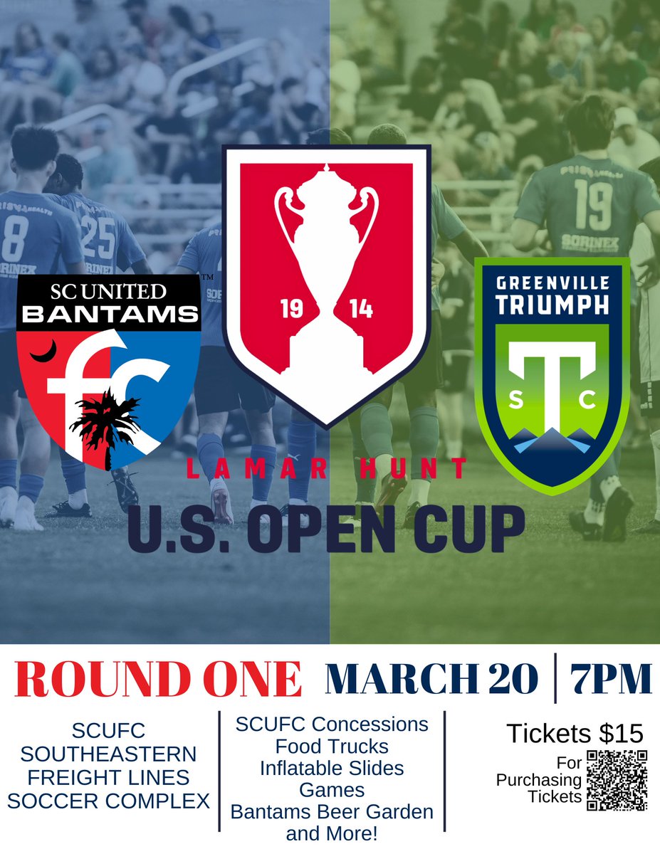 Come cheer on the SC United Bantams as they take on the Greenville Triumph this Wednesday in the first round of the Lamar Hunt U.S. Open Cup. Parking spots are filling up fast, so grab your tickets and secure your spot now! Parking and Tickets ⬇️ gofan.co/app/school/SC8…