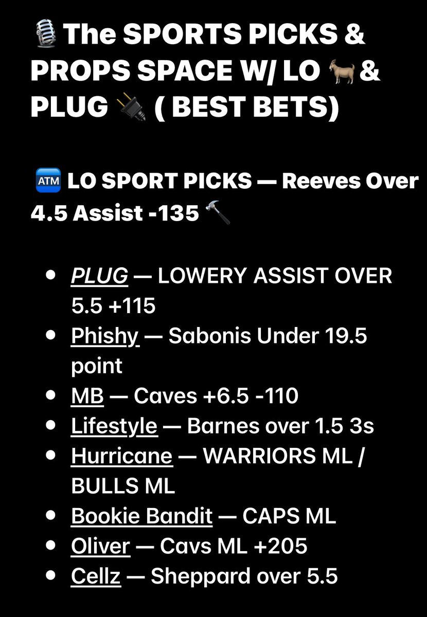 DeltaPropz's tweet image. 🎙️TODAY IN #SPLP SPORTS PICK &amp;amp; PROPS W/ @LoSportsPicks &amp;amp; @WePluggedInn SPACE, We Have some BEST BETS from Our Speakers!! 

🔮 Today's Hammer Play From None Other Then @LoSportsPicks Himself!! 

⏳TUNE IN DAILY AT 3:00 PM EST HERE ON TWITTER SPACES!!