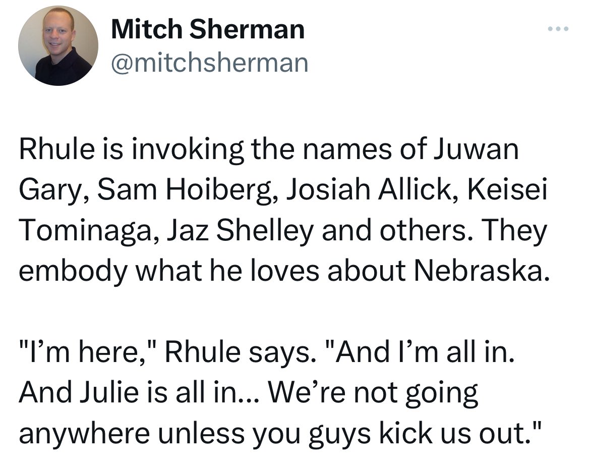 AdamCarriker94's tweet image. I’ve always agreed with the saying, that actions speak louder than words. The fact that Matt Rhule’s wife is opening a business in Lincoln &amp;amp; Rhule’s son is going to Nebraska next year, is what sticks out to me &amp;amp; it’s exactly what Husker fans needed to hear.

via @mitchsherman