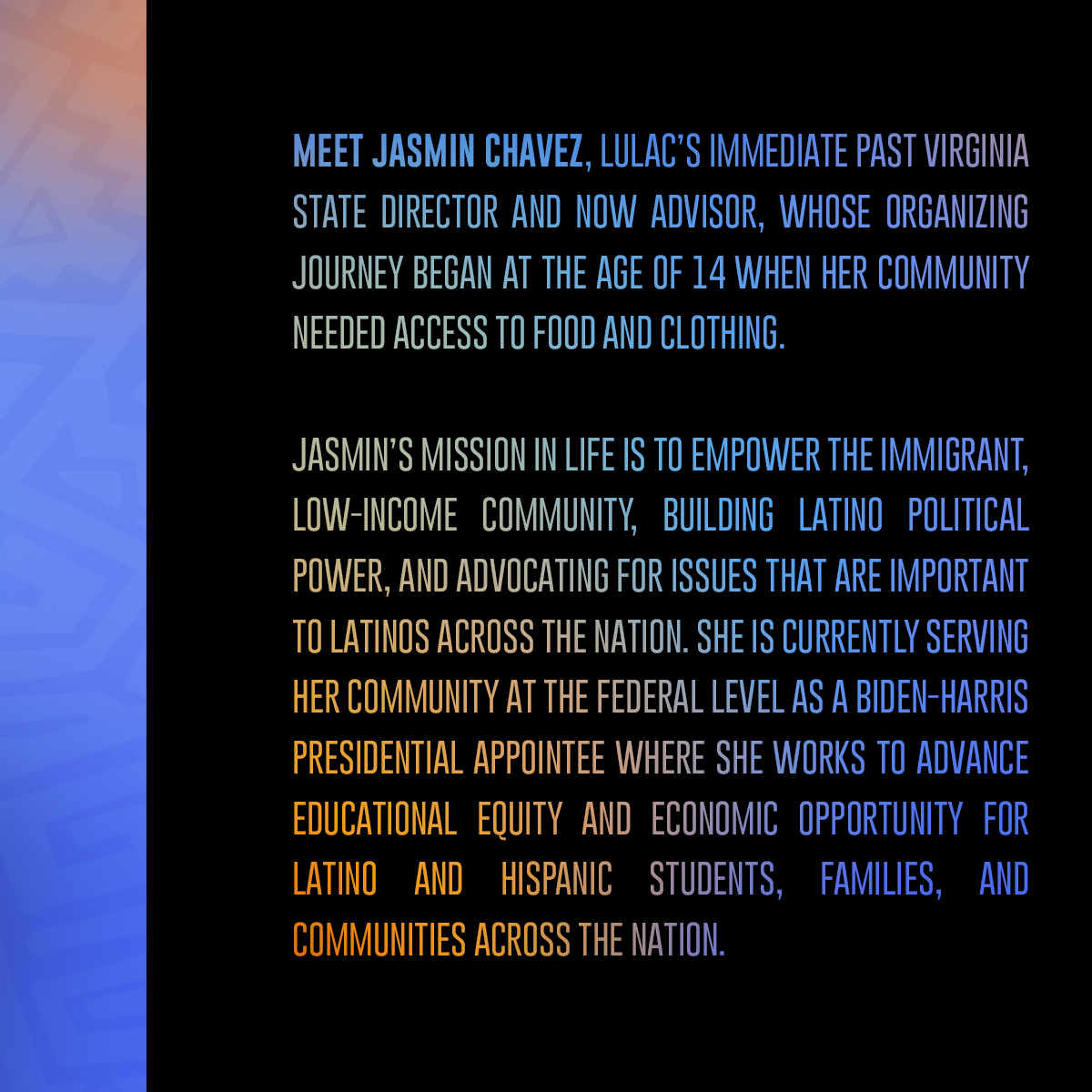 LULAC's tweet photo. Meet Jasmin Chavez, LULAC’s Immediate Past Virginia State Director and now Advisor, whose organizing journey began at the age of 14 when her community needed access to food and clothing. 

#WomenInAction #InclusiveLeadership #LULACLegacy @DCLatinaJasmin https://t.co/XyHmTt3cYt