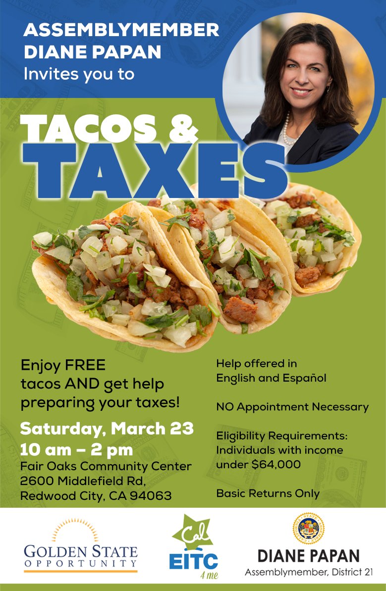 Come get free help with taxes and credits available to eligible individuals and families. And Tacos! | @Lisa4Supervisor @City_EPA @acaguirre @epatoday @rwcpulse @chamber_smc