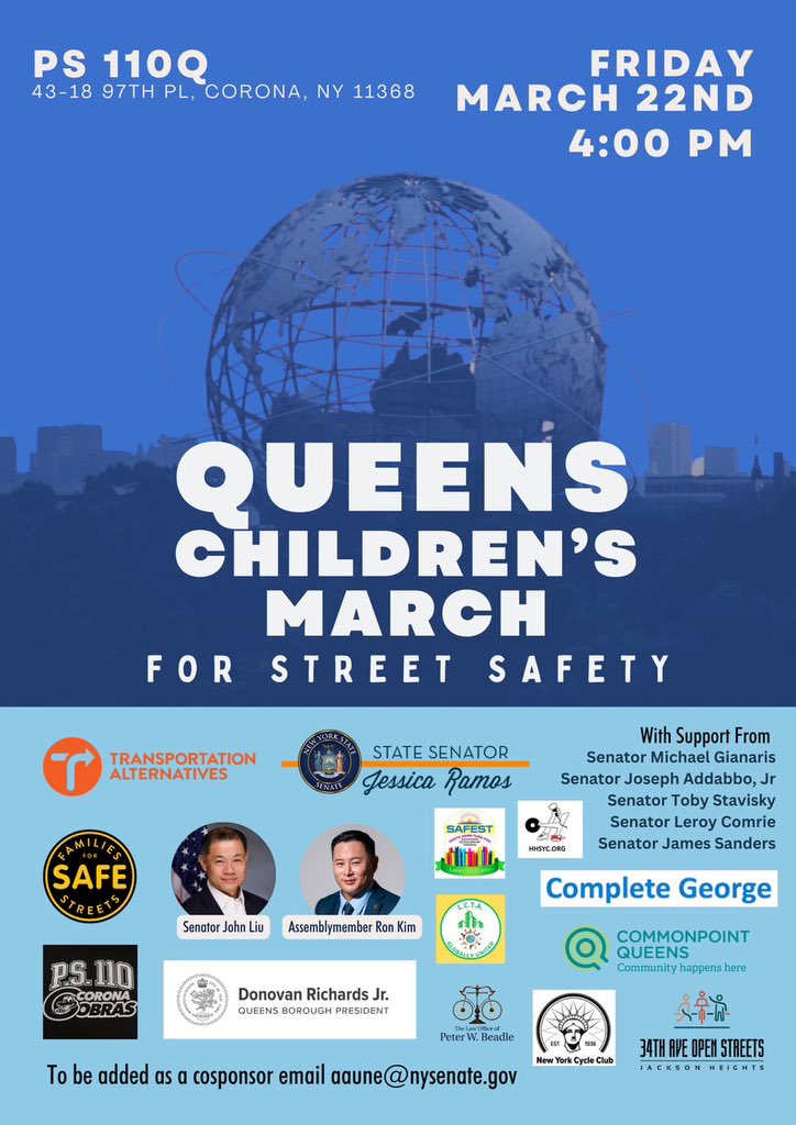 More than half the children killed by reckless drivers in the past 2 years were killed in Queens. We lost two children & one adult just last week. This is an emergency. Join us on Friday for a Children’s March for Traffic Safety. ➡️ mobilize.us/transalt/event…