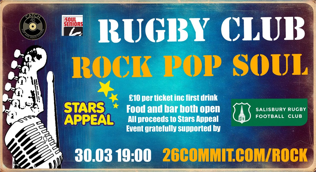 Two exceptional local bands are to play at Salisbury Rugby Football Club to raise money for @StarsAppeal: Catch 45 played at Farley Live in 2023 and their band friends Soul Seniors. Your ticket price includes a free drink to get you started! Book at tickettailor.com/events/26commi…