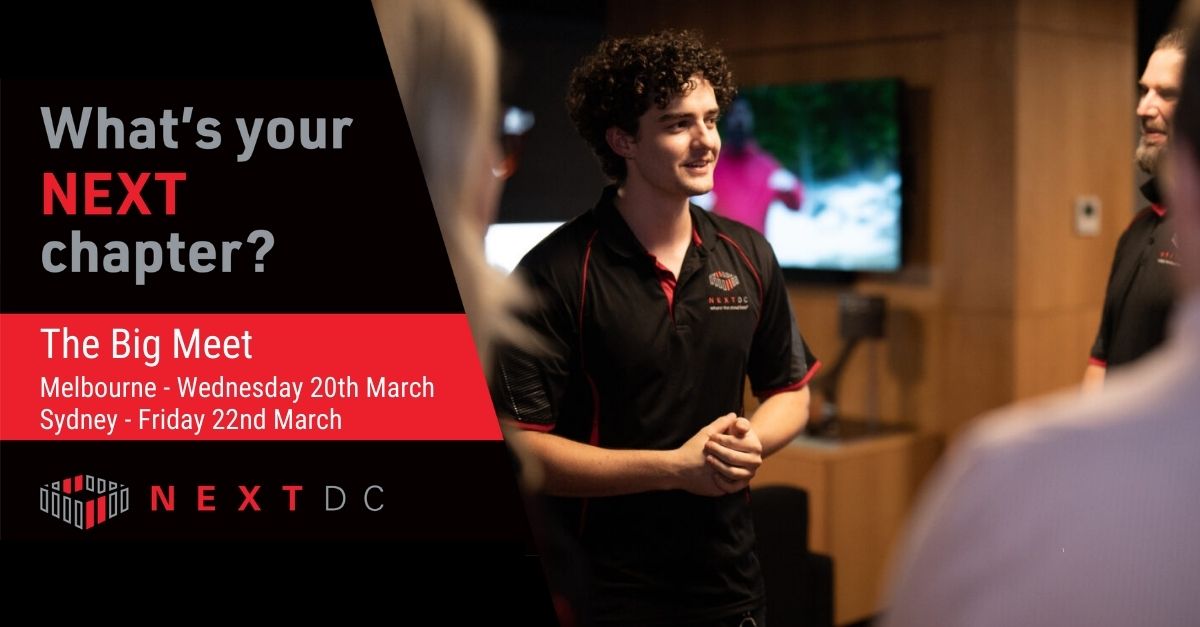 🚀 Meet us at The Big Meet in Melbourne tomorrow and in Sydney on Friday 22nd March!
 
Dive into the world of tech with #NEXTDC 's Graduate Program 2025, whether you're a student or a recent grad.

Learn more here about our Grad Program: hubs.la/Q02pVjW_0
 
#graduateprogram