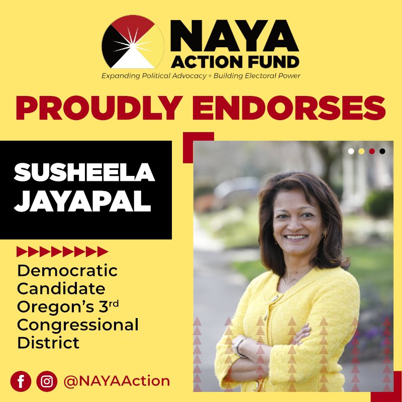 📢 We are excited to support <a href="/SusheelaJayapal/">Susheela Jayapal</a> for Oregon’s 3rd Congressional District! With her strong leadership and deep understanding of our community's issues, she will continue to leave impacts for generations to come. Join us in supporting her this election! #NAYAActionFund