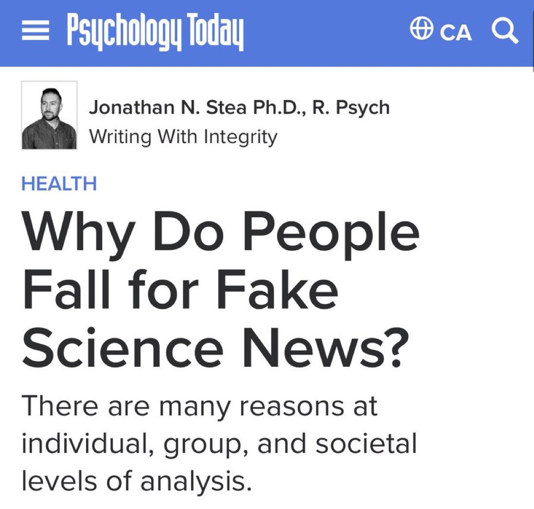 jonathanstea's tweet photo. Why Do People Fall for Fake Science News?

Individual factors: 
- inability to recognize misinformation
- ideological blindness

Group/societal factors: 
- echo chambers
- structure of social networks
- bad actors

https://t.co/PAxZBOWAzt https://t.co/p6IP3XlqJ2