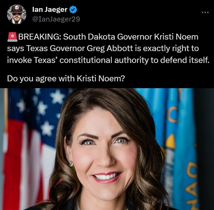 LegendaryXrs's tweet photo. @EndWokeness I agree with Governor Abbott and Kristi Noem! https://t.co/uG9YCIdwhy