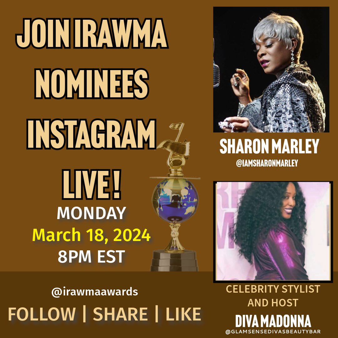 Surprise Alert! 🎶 Join IRAWMA LIVE TONIGHT 8PM EST Sharon Marley sits down w/ Diva Madonna for exclusive Instagram Live session! They'll be diving deep into Sharon's tribute to her mother, Honorable Dr. Alferita Marley O.J, O.D, LITT at IRAWMA #SharonMarley #IRAWMA #RitaMarley