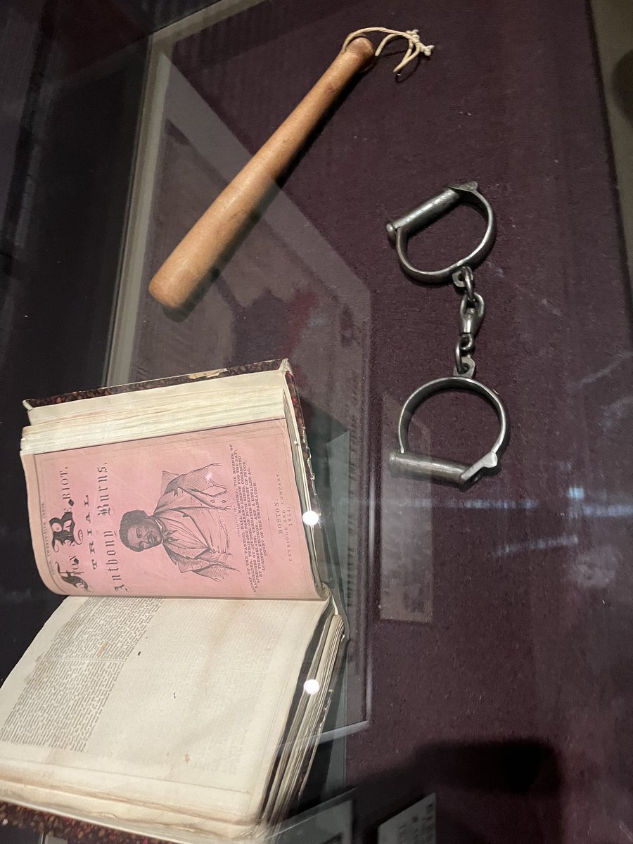 Wow—the handcuffs worn by Anthony Burns from @RevSpaces⁩ and “Billy club” from ⁦@MHS1791⁩ as a part of the#harriethayden exhibit ⁦@bostonathenaeum⁩