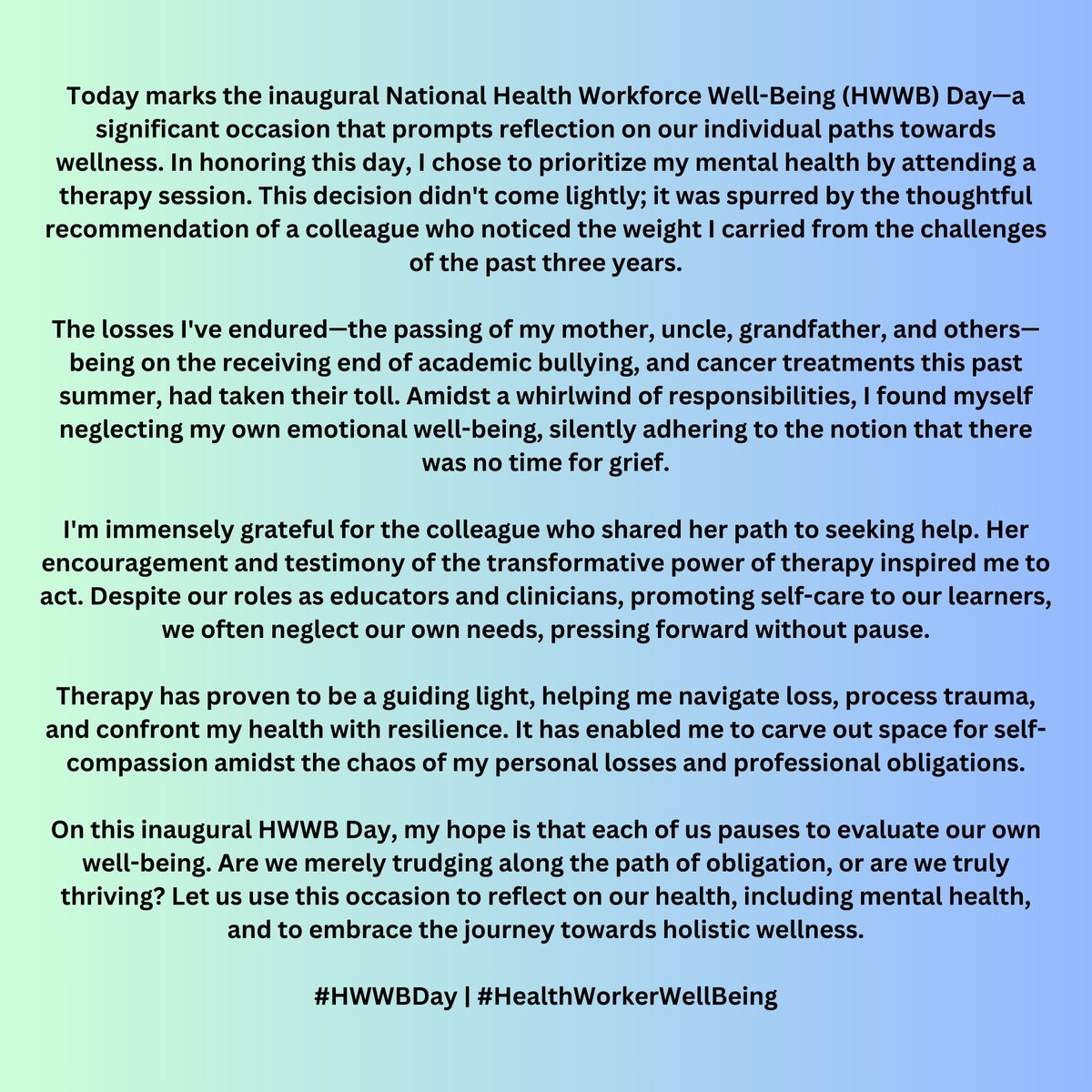 Celebrating #HWWBDay by prioritizing mental health. Therapy isn't just for patients or our students; it's a vital tool for caregivers too. 

Let's pause, reflect, and thrive together. 

🌱 #SelfCare #Wellness #HealthWorkersWellBeing #MedEd #MedTwitter