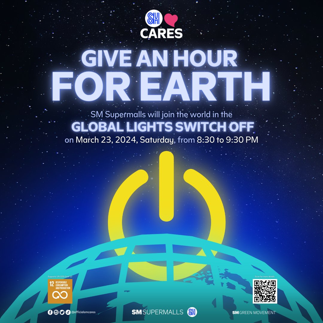 Switch-off 📷, Shine-on 📷 Let's #GiveAnHourForEarth on March 23, from 8:30PM to 9:30PM. Join SM Supermalls in making a big difference for our planet. 📷 #SMEarthHour2024 #SupportingCommunities