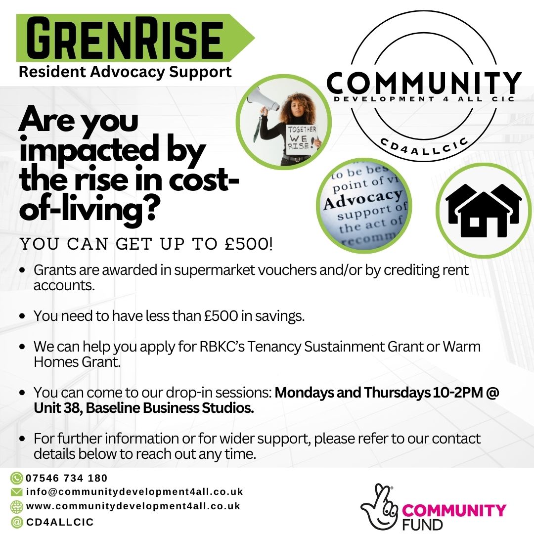 RBKC's Tenancy Sustainment Grant or Warm Homes Grant is set up to help tackle the #CostOfLivingCrisis- we can help you apply for the grant!

Feel free to contact us or simply pop by during our drop-in hours if you have any questions, queries, or seeking wider support!#GrenRise
