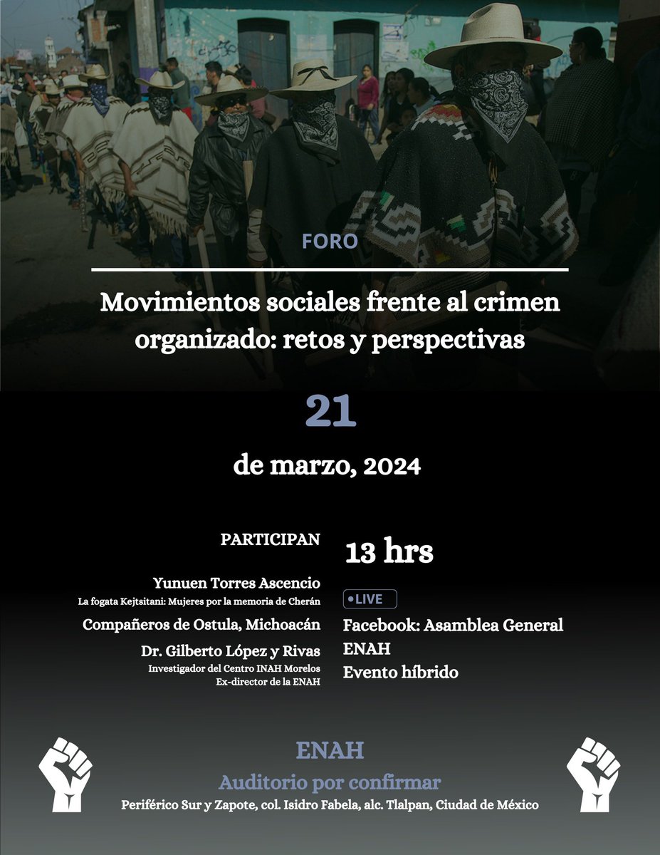 AG_ENAH's tweet photo. 🔺NOS PIDEN COMPARTIR🔺

Les invitamos al foro 𝗠𝗼𝘃𝗶𝗺𝗶𝗲𝗻𝘁𝗼𝘀 𝘀𝗼𝗰𝗶𝗮𝗹𝗲𝘀 𝗳𝗿𝗲𝗻𝘁𝗲 𝗮𝗹 𝗰𝗿𝗶𝗺𝗲𝗻 𝗼𝗿𝗴𝗮𝗻𝗶𝘇𝗮𝗱𝗼: 𝗿𝗲𝘁𝗼𝘀 𝘆 𝗽𝗲𝗿𝘀𝗽𝗲𝗰𝘁𝗶𝘃𝗮𝘀, este próximo jueves 21 de marzo a las 13hrs en la ENAH (auditorio por confirmar). https://t.co/b97i7SD6Jf