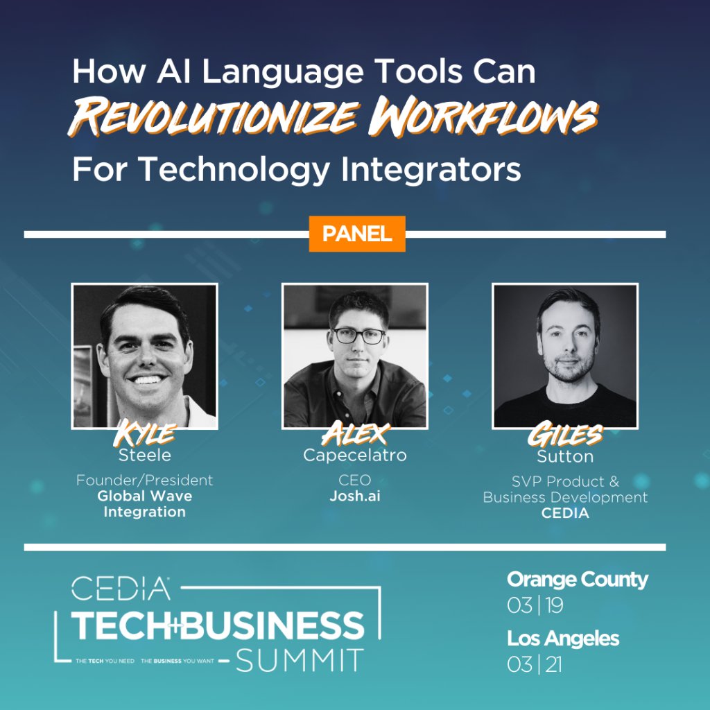 If you're in CA this week, join us for the panel discussion: 'How AI Language Tools Can Revolutionize Workflows for Technology Integrators'. Discover the potential of AI language models to enhance communication, streamline project planning, & elevate collaboration. #AI #CEDIAtabs