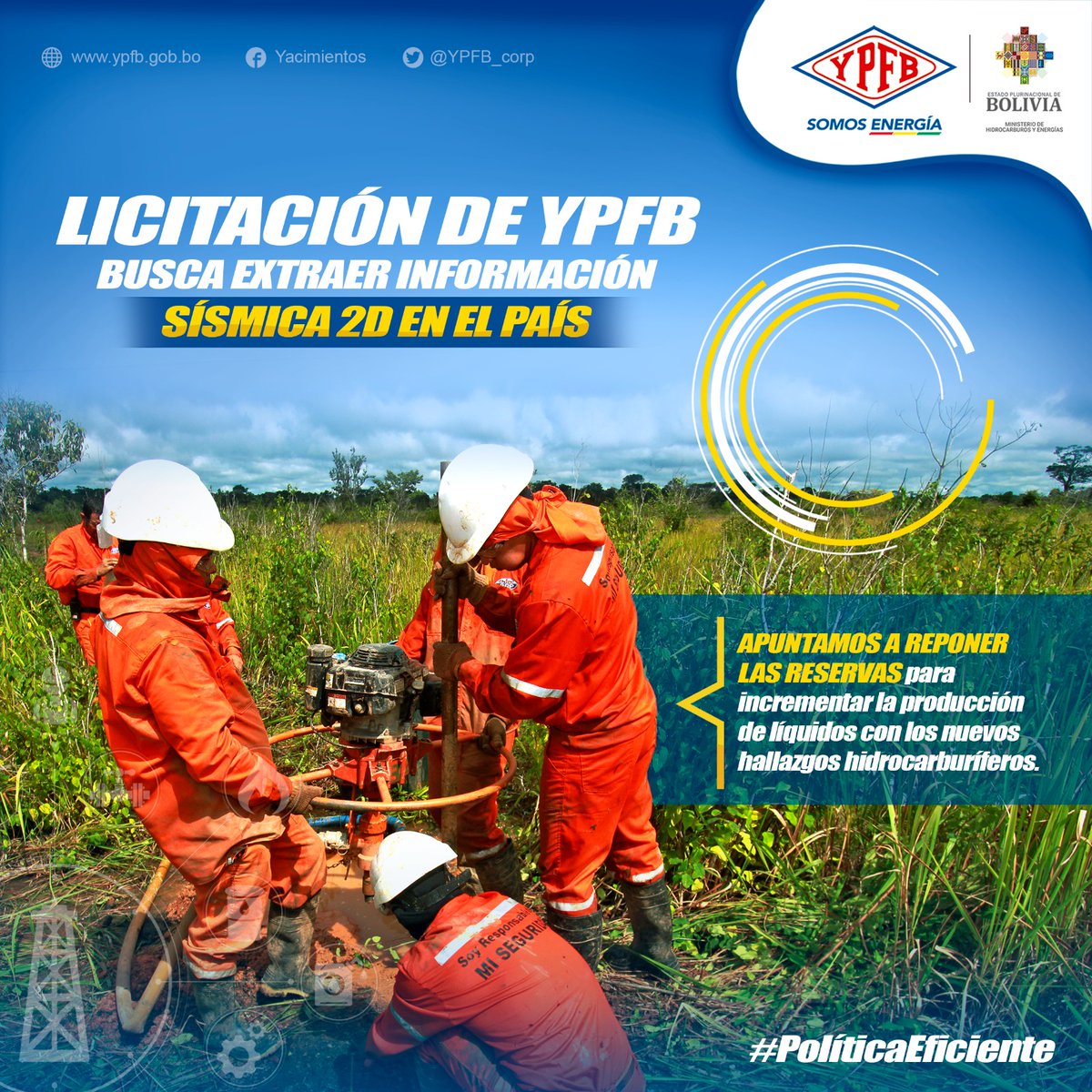 YPFB_corp's tweet photo. #PolíticaEficiente I YPFB lanza licitación para que una empresa especializada pueda procesar hasta 1.500 kilómetros de información sísmica 2D en el país. Se proyecta reponer reservas e incrementar la producción de líquidos.

#YPFB 
#SomosEnergía https://t.co/JElStM2lZF