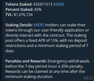 🚀 Breaking News! 

We've just hit a major milestone! 🎉
Over $1 million worth of $XERS has been staked already!

This is a testament to the incredible confidence and support our community has shown in our project.
Let's keep pushing forward and reaching new heights together! 💪